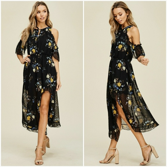 Black Dot Embroidery Floral Ruffle Dress - Picture 2 of 4